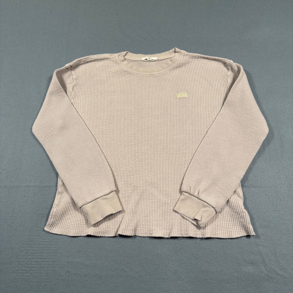 Vans Womens Waffle Knit Thermal Long Sleeve Top Tan Taupe Crewneck Size Medium